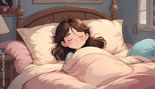 cartoon scene of a girl resting in a calm bedroom
