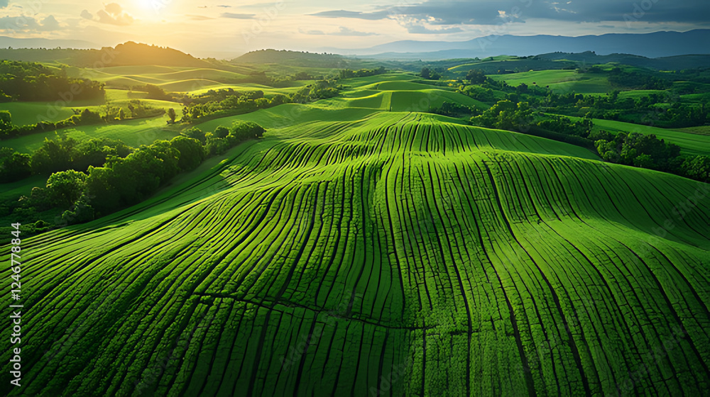 Obraz premium Aerial view of rolling green farmland at sunset, showcasing agricultural growth and rural landscape