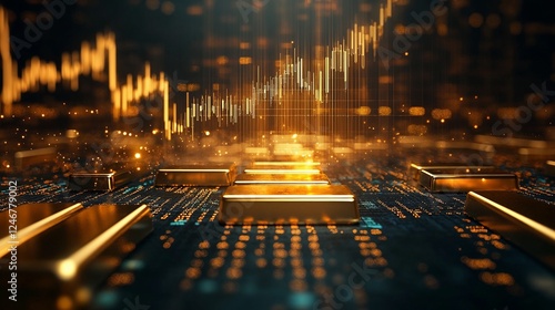 Stock market chart & gold bars in circuit board pattern for financial news, investment infographics, business presentations & economic analysis sites, Illustrates investment, trading, finance, busines