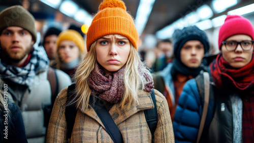 Sad, depressed young woman in subway, disgusted by her hard and boring life photo