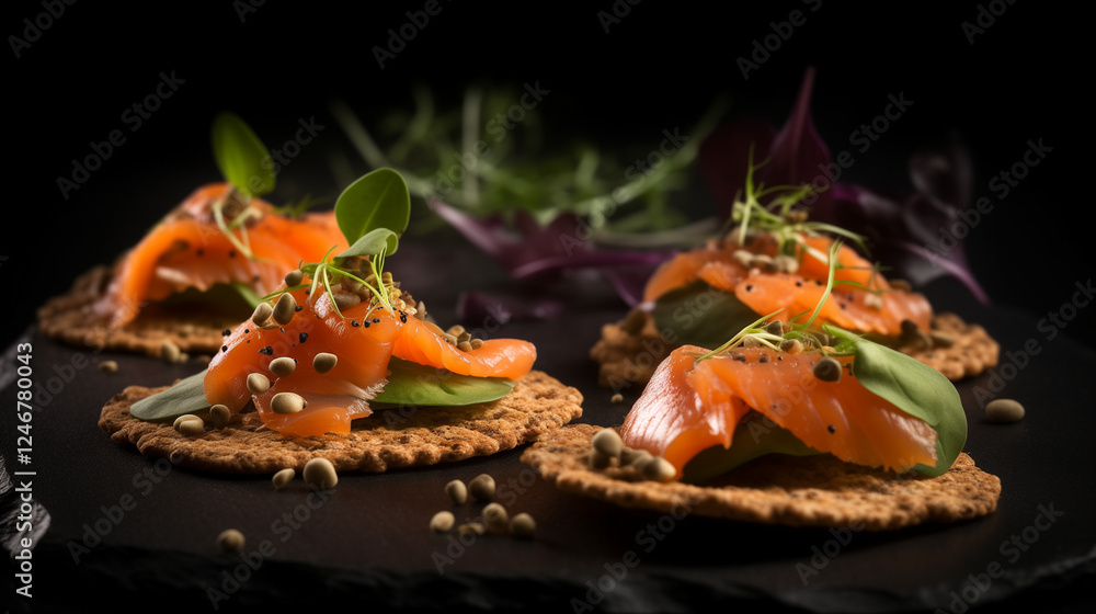 Smoked salmon canapés with crackers and fresh greens Smoked salmon canapés with crackers and fresh greens