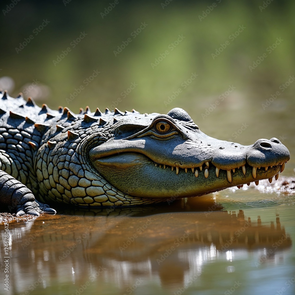 Fototapeta premium Large Crocodile Partially Submerged in a Muddy River with Eyes and Snout Visible Above Water