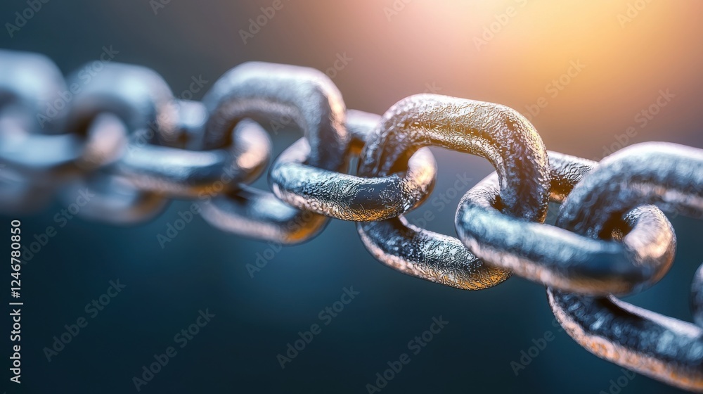 A close-up view of a metallic chain, showcasing its links and texture with a blurred background, highlighting its strength and durability. A close-up view of a metallic chain, showcasing its links and texture with a blurred background, highlighting its strength and durability.