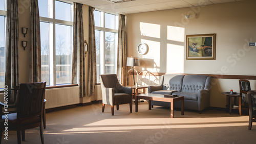 Empty retirement home common area with unoccupied chairs and quiet surroundings, reflecting solitude and the passage of time in aging communities.