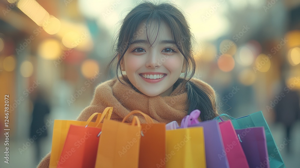 Happy woman shopping city street festive lights Happy woman shopping city street festive lights