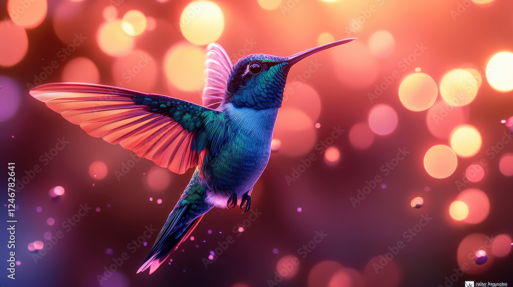 Obraz premium vibrant hummingbird in flight, surrounded by glowing bokeh lights, creates magical atmosphere
