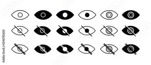Eye icon set. vision icon set, see symbol, view icons, eyesight symbol, invisible eye, hide , incognito, no eye view hidden icon set. unsee icons png and vector illustration on transparent background