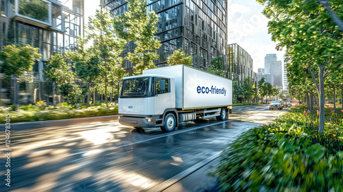 Eco friendly delivery truck driving through modern urban landscape with greenery