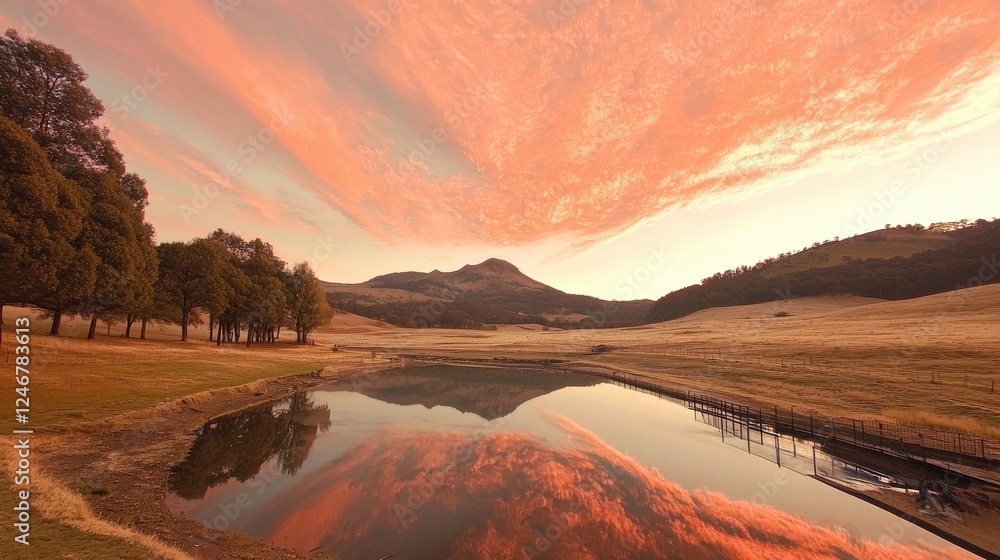 Fototapeta premium Tranquil sunset reflection serene lake landscape natural environment wide angle peaceful scene