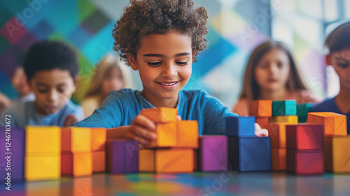 joyful child stacking colorful geometric blocks with friends in vibrant classroom