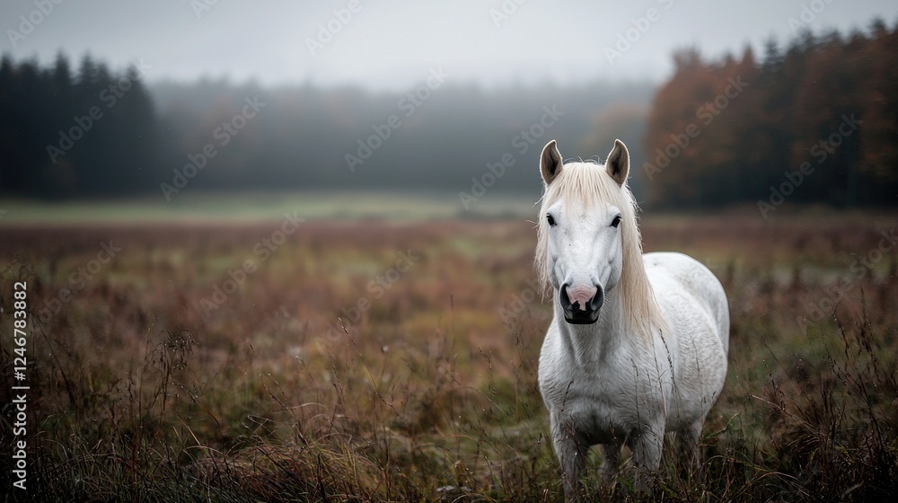 White horse in autumnal field, foggy forest background, nature photography, equine image White horse in autumnal field, foggy forest background, nature photography, equine image