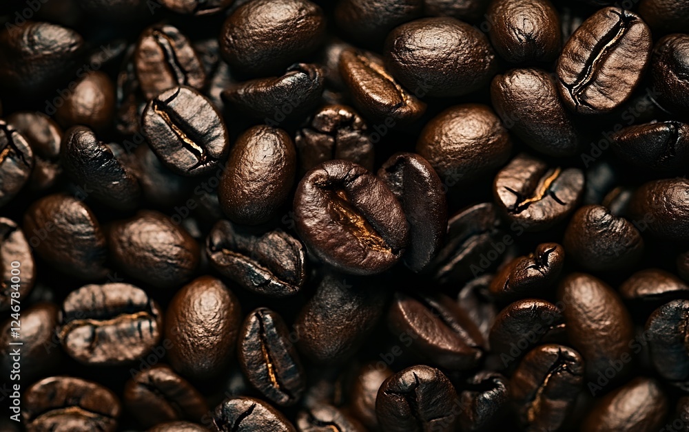 Obraz premium Glossy roasted coffee beans in a pile perfect for coffee branding and food photography backgrounds
