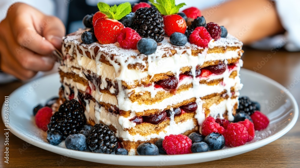 Person holding a plate with a slice of cake in a bright and inviting kitchen setting Person holding a plate with a slice of cake in a bright and inviting kitchen setting