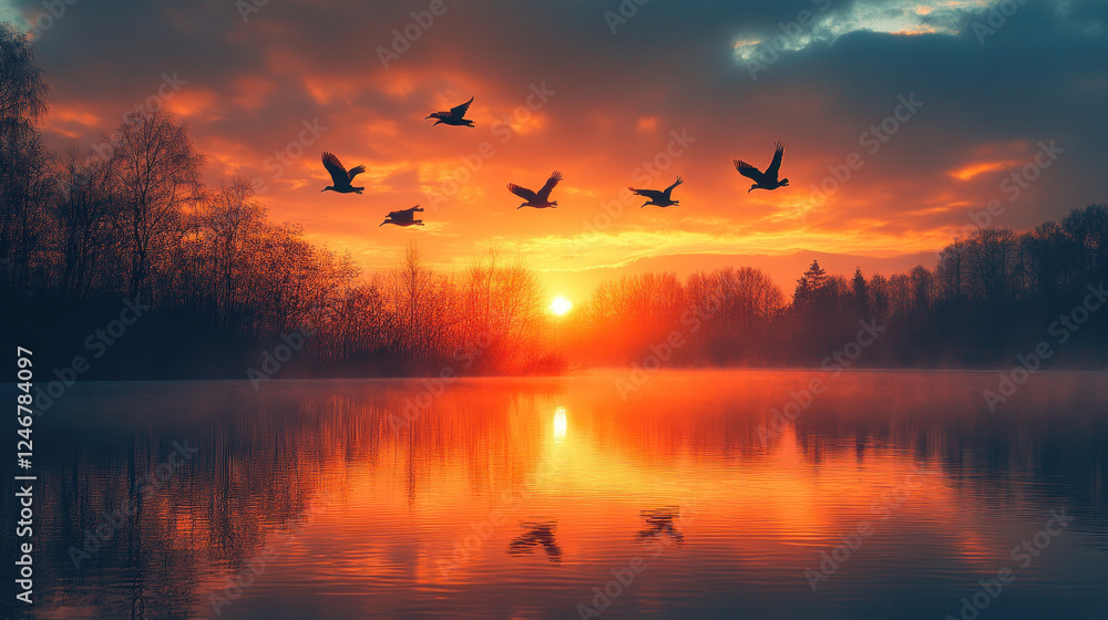 Obraz premium Birds in flight over a serene lake, their reflections shimmering on the water surface