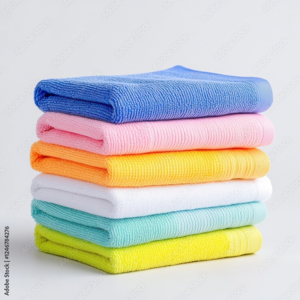 Colorful Stack of Soft Towels in Various Bright Shades for Home and Bath Use Colorful Stack of Soft Towels in Various Bright Shades for Home and Bath Use