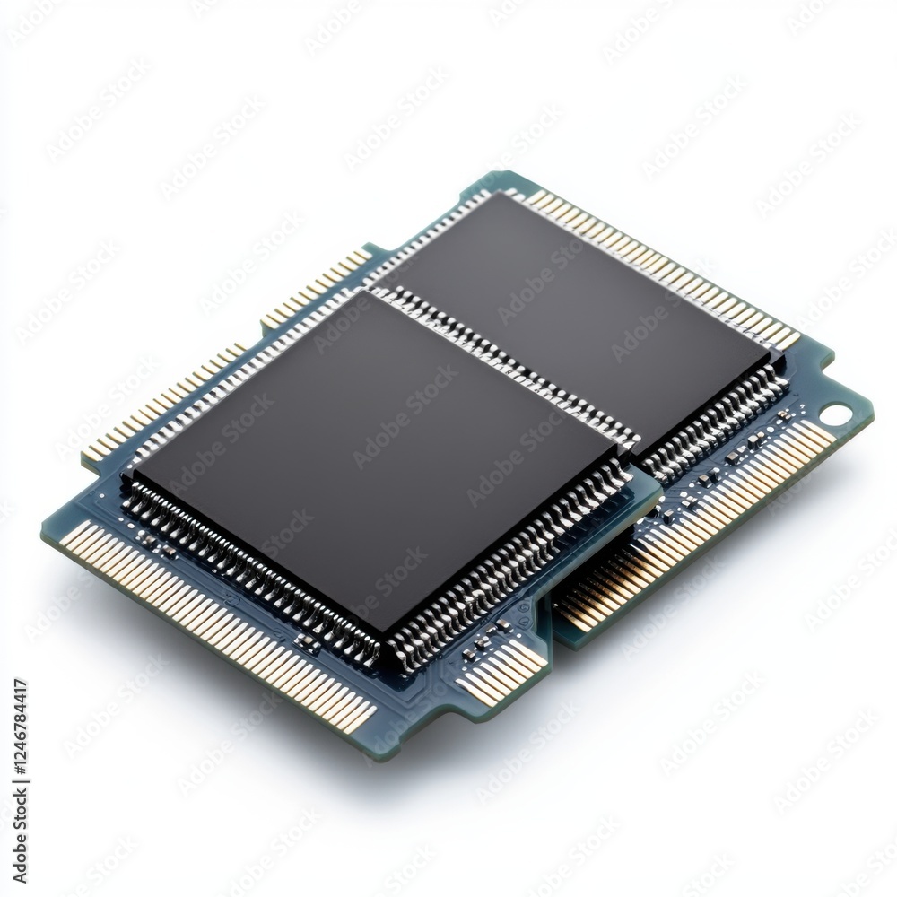 Close-Up of a Computer CPU Chip with Dual Modules and Exposed Pin Connections on a Clean Background Close-Up of a Computer CPU Chip with Dual Modules and Exposed Pin Connections on a Clean Background