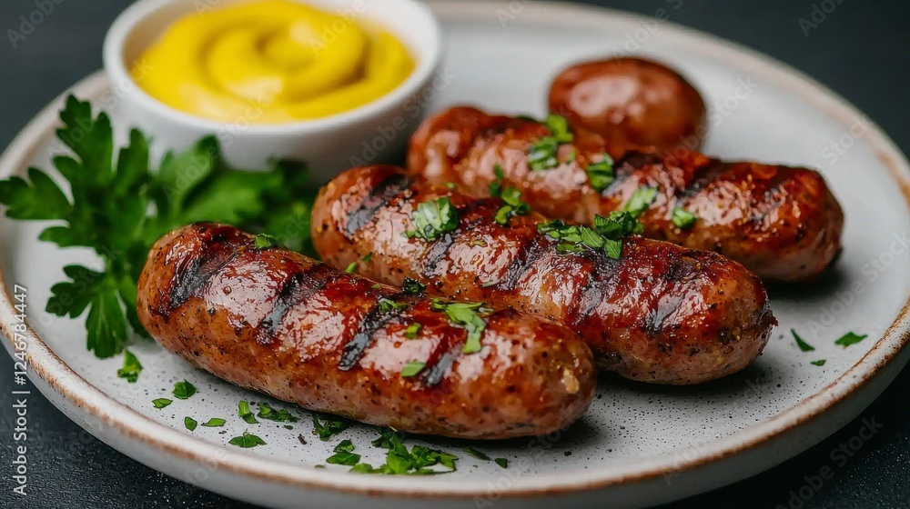 Grilled Sausage Links with Seared Marks and Mustard Sauce Grilled Sausage Links with Seared Marks and Mustard Sauce