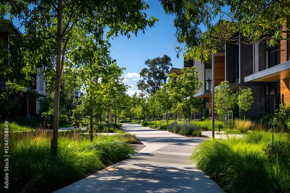 Fototapeta premium Modern Residential Street with Lush Landscaping and Sunny Day