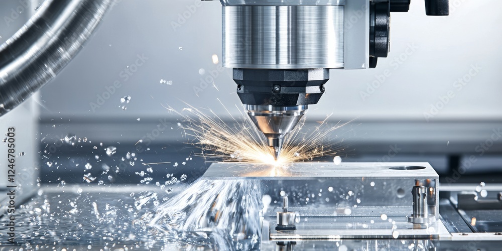 Electric CNC machine cutting metal with sparks and water droplets Electric CNC machine cutting metal with sparks and water droplets