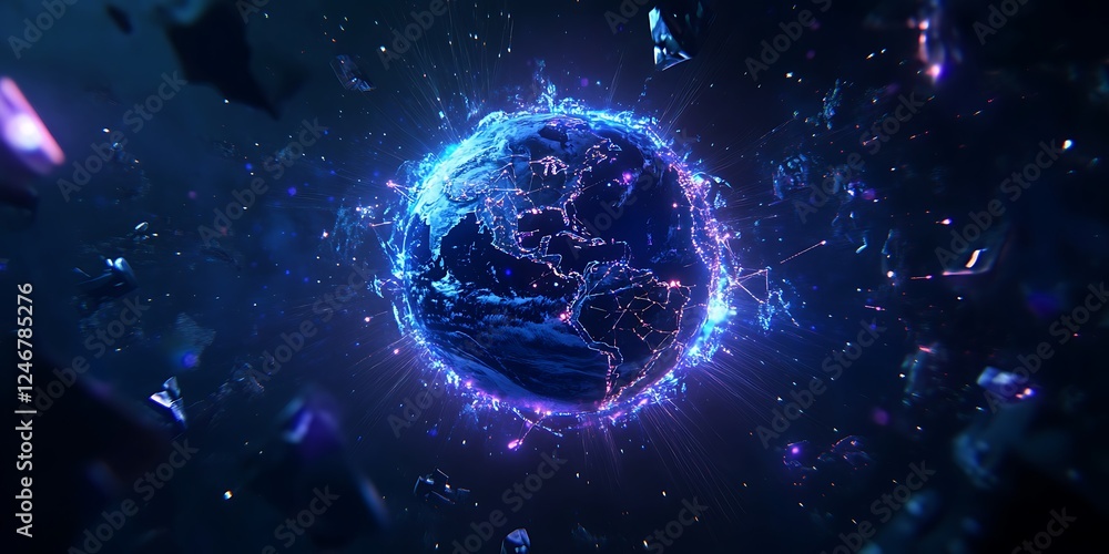 Obraz premium a glowing blue earth in the vastness of space, surrounded by twinkling stars, symbolizing global connectivity, technology, and the interconnectedness of our planet in the universe