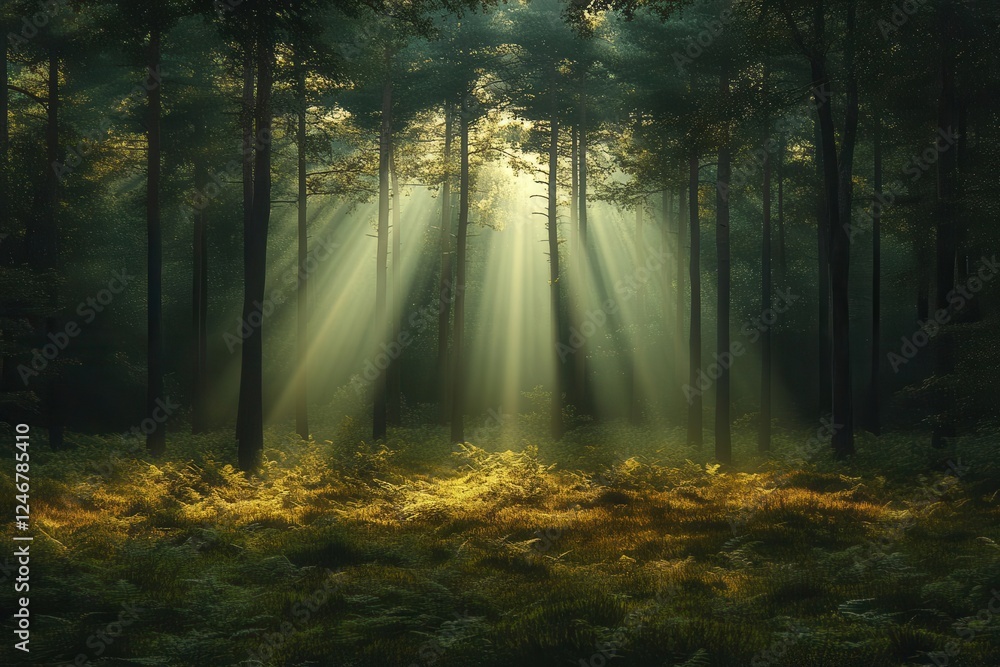 Fototapeta premium serene forest clearing illuminated by sunbeams streaming through the trees creating a magical atmosphere filled with wildlife and vibrant greenery