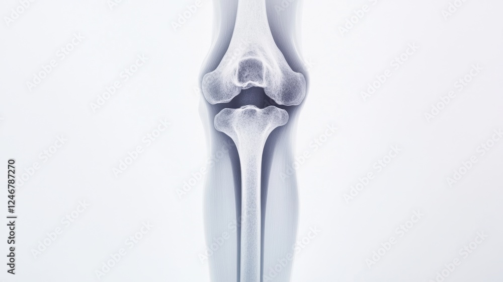 A clear X-ray image of a human knee joint, showcasing the femur, tibia, and fibula in detail. A clear X-ray image of a human knee joint, showcasing the femur, tibia, and fibula in detail.