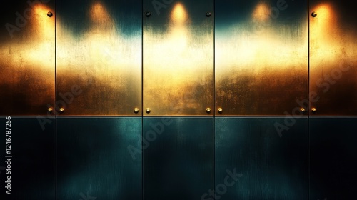 Illuminated metallic panels, dark background, studio, backdrop