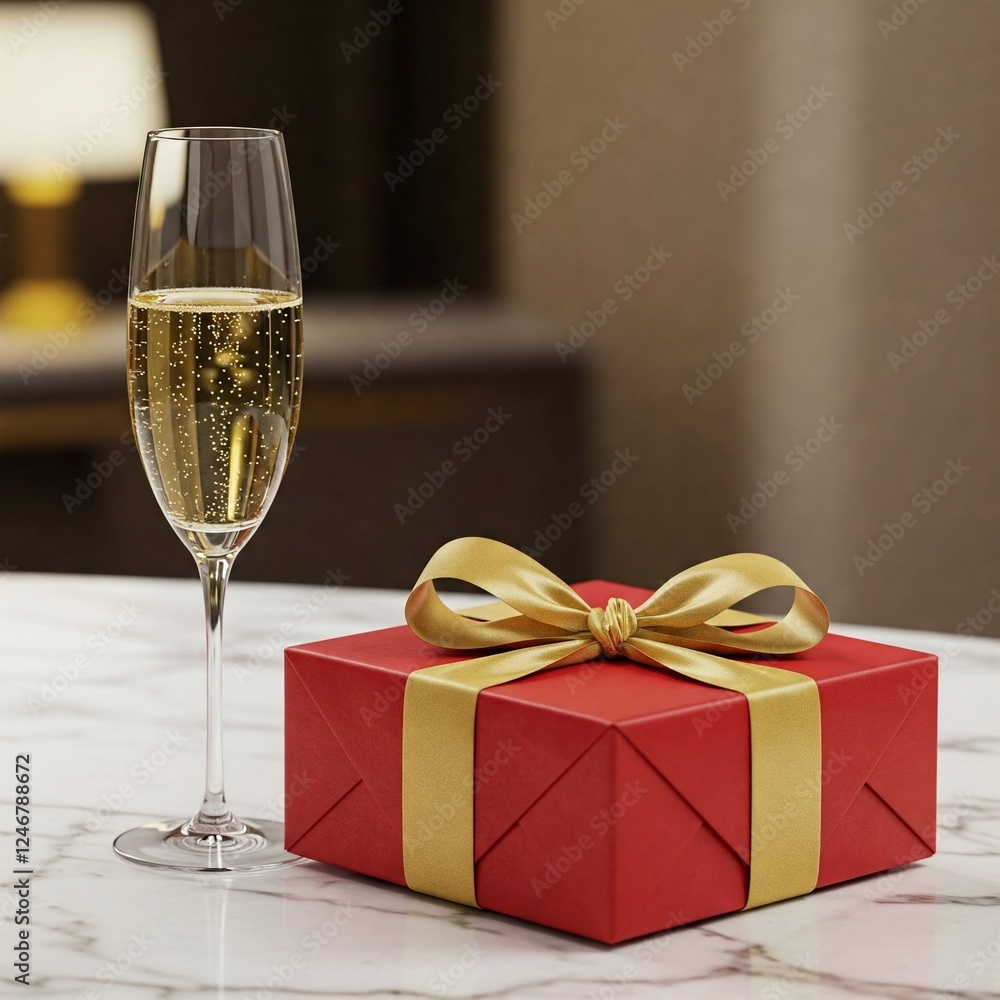 A gift box wrapped in red paper with a gold bow, placed on a marble countertop with a glass of champagne beside it, celebratory and luxurious. A gift box wrapped in red paper with a gold bow, placed on a marble countertop with a glass of champagne beside it, celebratory and luxurious.