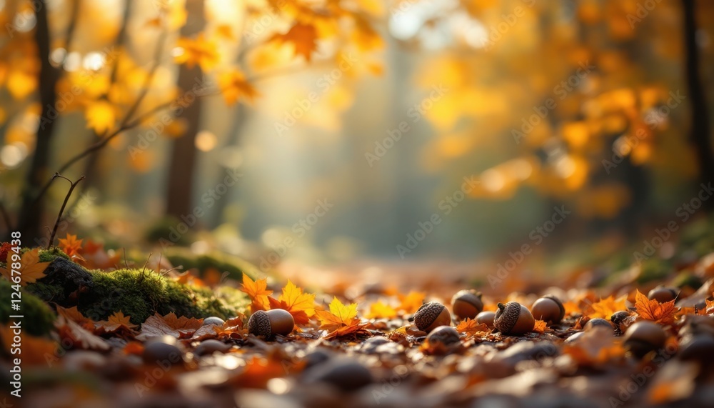 Serene autumn forest path with fallen leaves and acorns Serene autumn forest path with fallen leaves and acorns