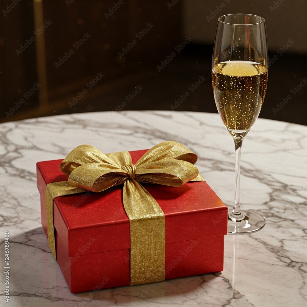 A gift box wrapped in red paper with a gold bow, placed on a marble countertop with a glass of champagne beside it, celebratory and luxurious. A gift box wrapped in red paper with a gold bow, placed on a marble countertop with a glass of champagne beside it, celebratory and luxurious.