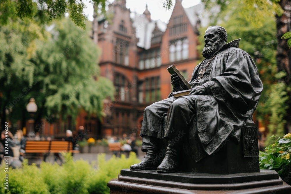 Fototapeta premium A sculpture of a famous philosopher in an old European university courtyard