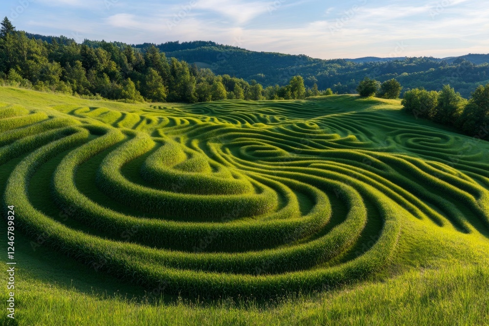 A cornfield maze with tall green stalks under a bright sunny sky A cornfield maze with tall green stalks under a bright sunny sky