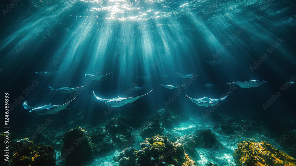 Obraz premium Marine animals, including manta rays gliding gracefully through a sunlit underwater world
