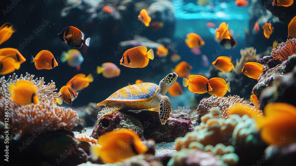 Fototapeta premium Marine animals swimming in a vibrant coral reef, featuring a school of colorful tropical fish and a curious sea turtle