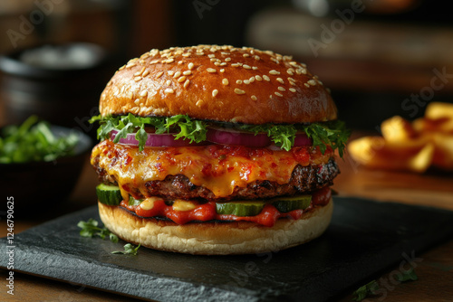 Juicy hamburger with melted cheese, lettuce, and a perfectly grilled beef patty on a sesame seed bun.