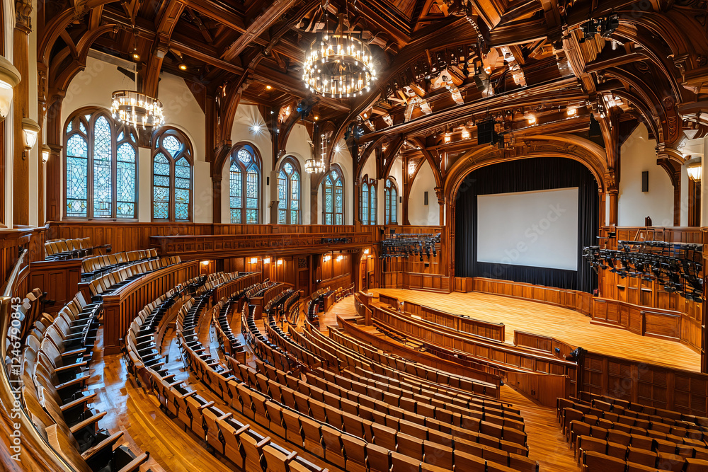 Obraz premium wooden auditorium interior, cinema screen, tiered seating