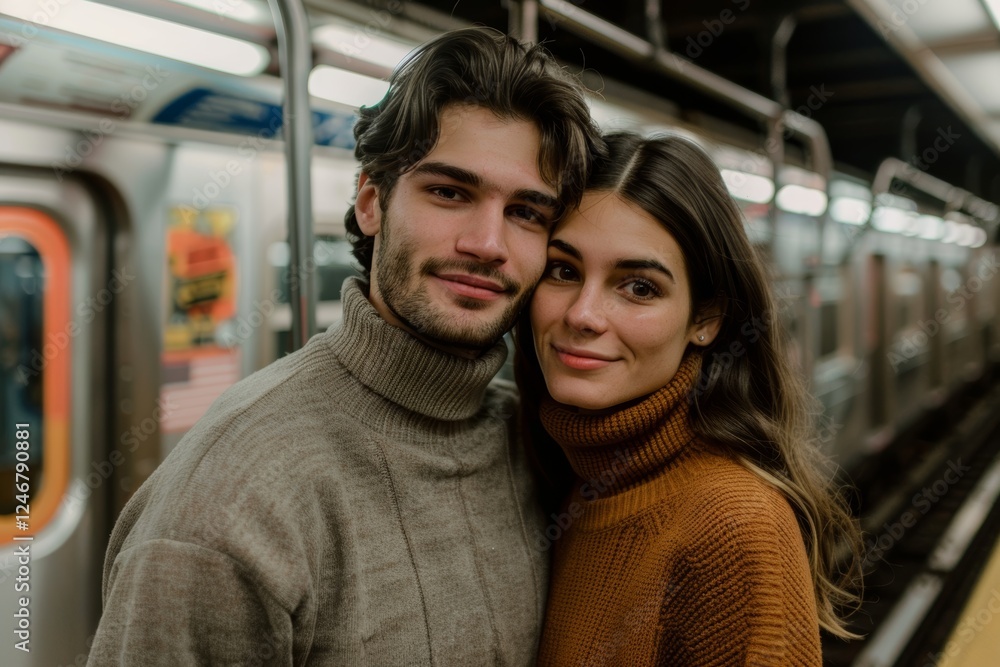 Portrait of a satisfied couple in their 30s wearing a classic turtleneck sweater over bustling city subway background Portrait of a satisfied couple in their 30s wearing a classic turtleneck sweater over bustling city subway background