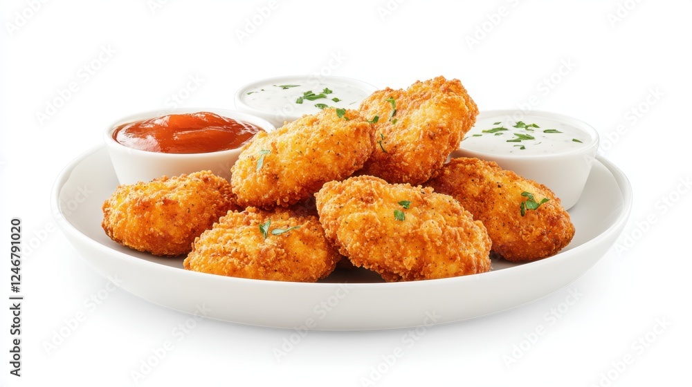 Crispy chicken nuggets served with dipping sauces, including ketchup and ranch, on a white plate. Crispy chicken nuggets served with dipping sauces, including ketchup and ranch, on a white plate.