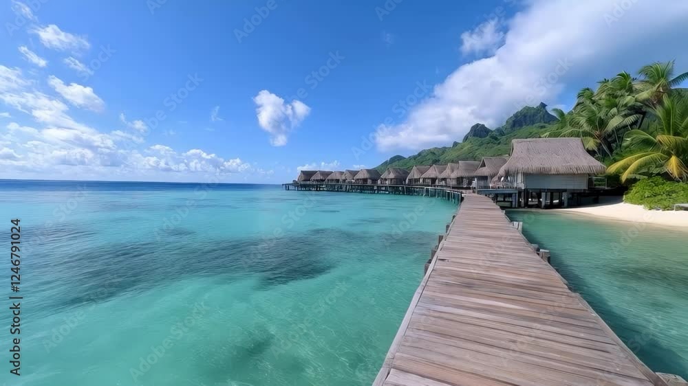 Calm waves lapping against a wooden pier leading to charming bungalows under a vibrant blue sky in a tropical oasis Calm waves lapping against a wooden pier leading to charming bungalows under a vibrant blue sky in a tropical oasis