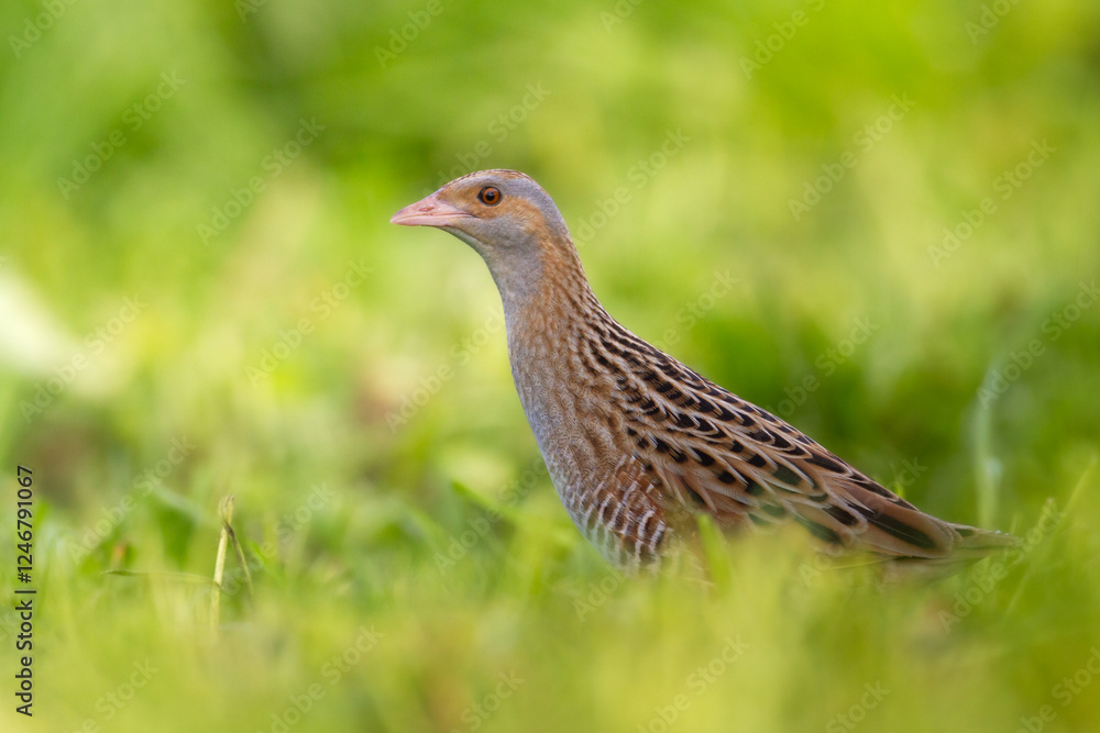 Bird Corncrake Crex crex, bird in natural habitat, a bird sings in a meadow among the tall grass, spring morning, Poland Europe