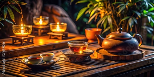 A beautiful, dark image:  a night puerh tea ceremony unfolds on a wooden table, featuring a gaiwan and compressed tea cakes. photo