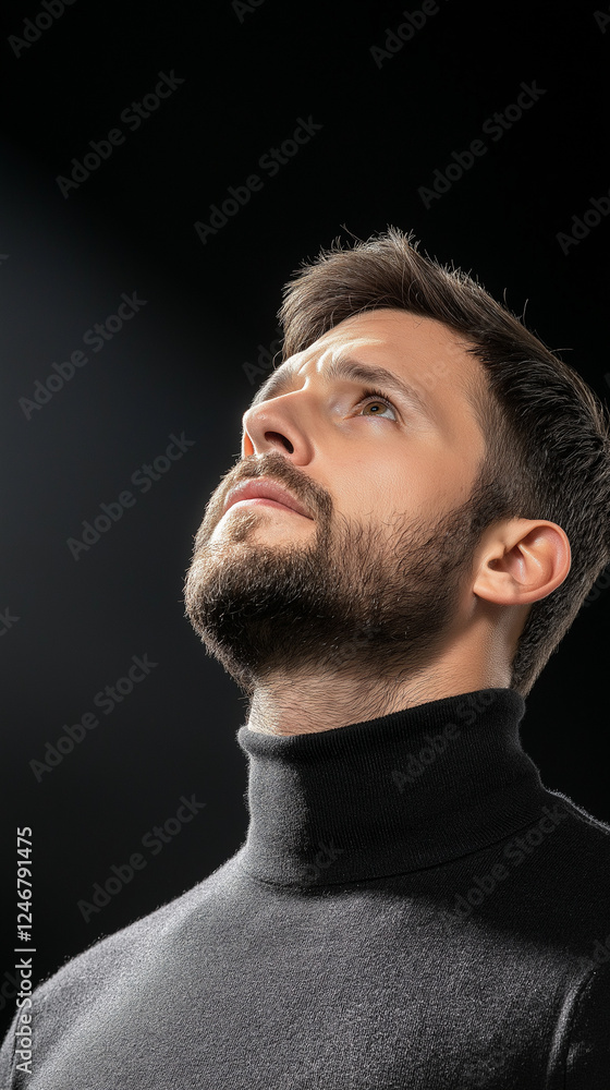 Obraz premium Pensive businessman gazing upward, soft lighting highlighting thoughtful expression against shadowy studio background, conveying professional introspection