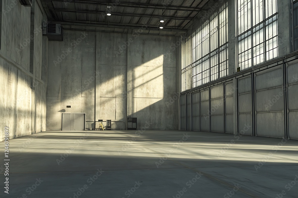 interior of a vast empty industrial building with concrete walls a large window and visible utility features creating a raw and spacious environment interior of a vast empty industrial building with concrete walls a large window and visible utility features creating a raw and spacious environment