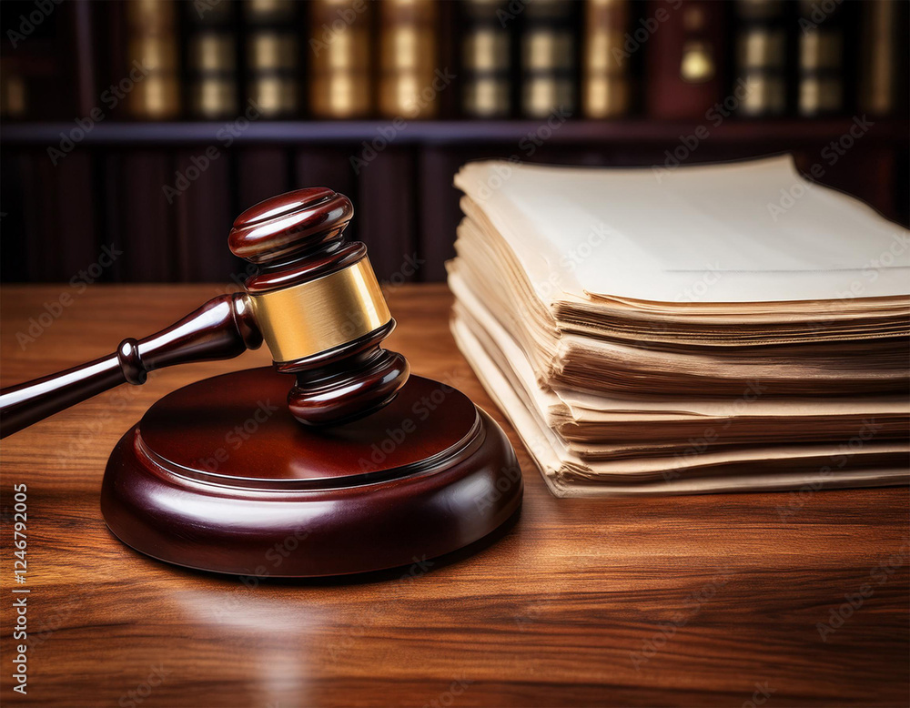 gavel on wooden base with voluminous legals representing complex legal cases and justice system challenges gavel on wooden base with voluminous legals representing complex legal cases and justice system challenges