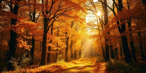Keuken achterwand Bruin Golden autumn sunlight illuminating a path through a vibrant forest of trees with fiery orange foliage  © sasiprapa
