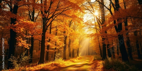 Golden autumn sunlight illuminating a path through a vibrant forest of trees with fiery orange foliage