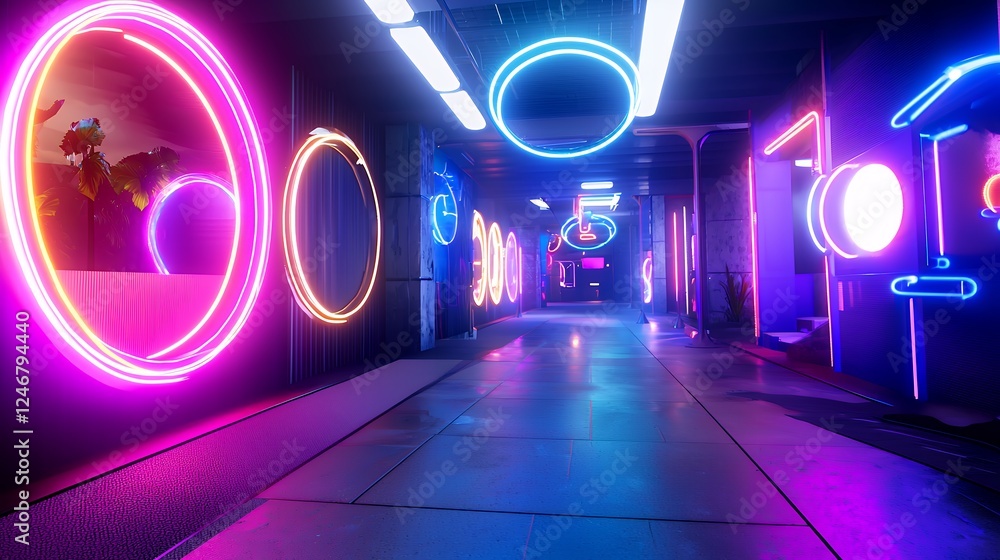 Neon Glowing Tunnel Corridor With Pink And Blue Lights Neon Glowing Tunnel Corridor With Pink And Blue Lights