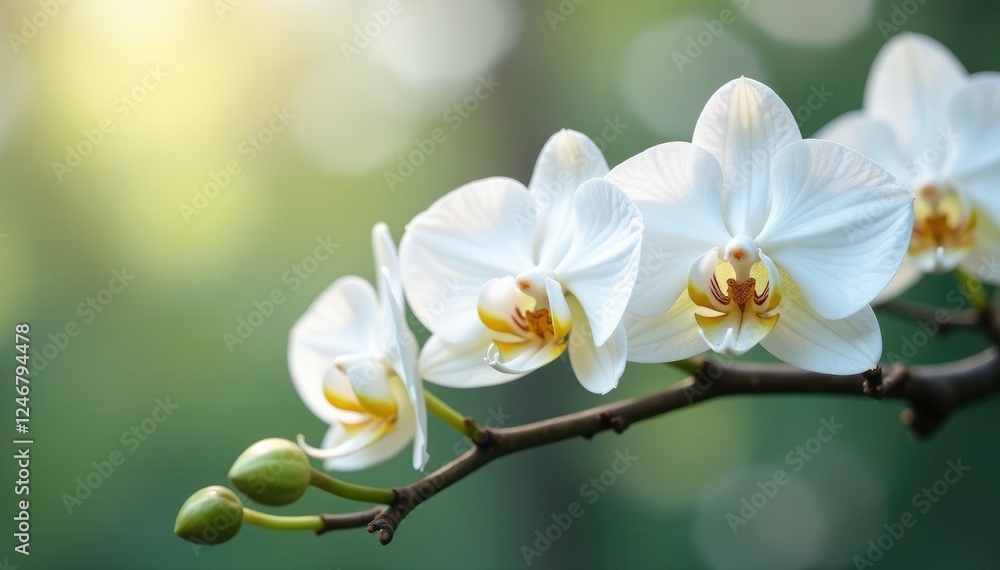 Delicate white orchid blooms on a tree branch, bloom, leaves, delicate