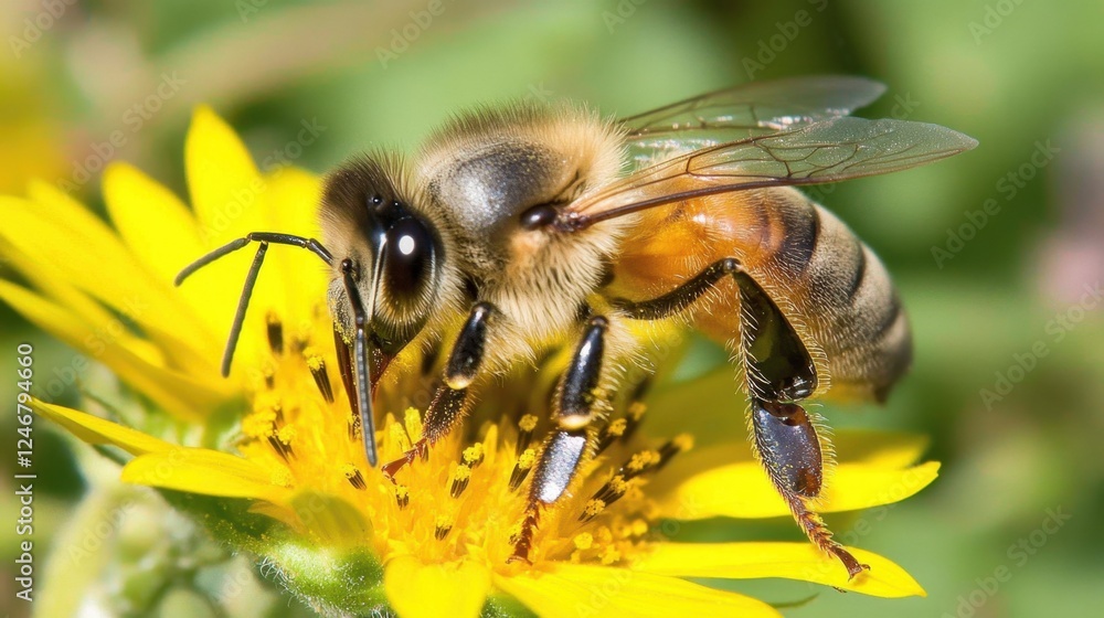 A close-up of honeybees collecting nectar from bright yellow sunflowers in a summer meadow.