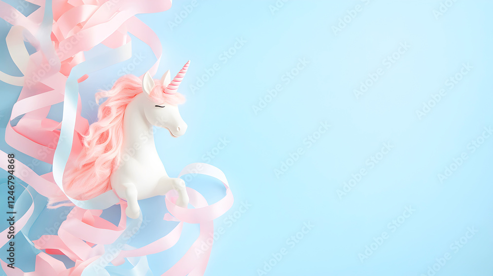 Obraz premium Dreamy pastel unicorn figurine surrounded by pink and blue flowing ribbons. Perfect for fantasy themes, toy branding, and whimsical photography. Selective focus